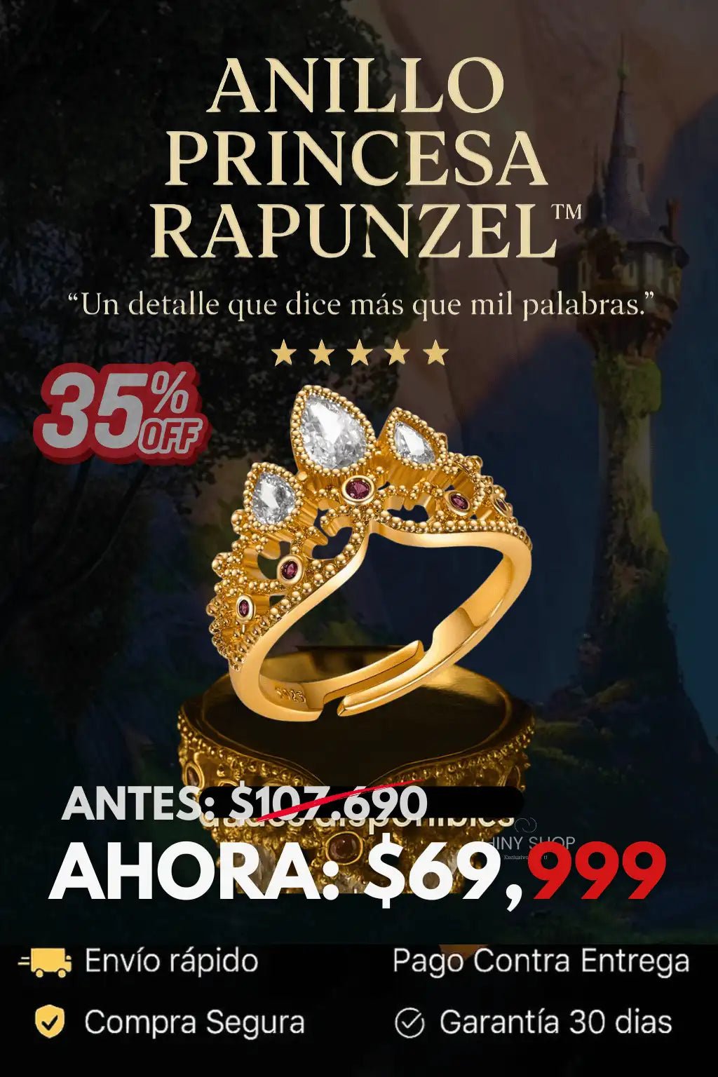 👸🏼 Anillo Rapunzel Acero inoxidable ( Ajustable ) + Caja Regalo - Colombia 🇨🇴