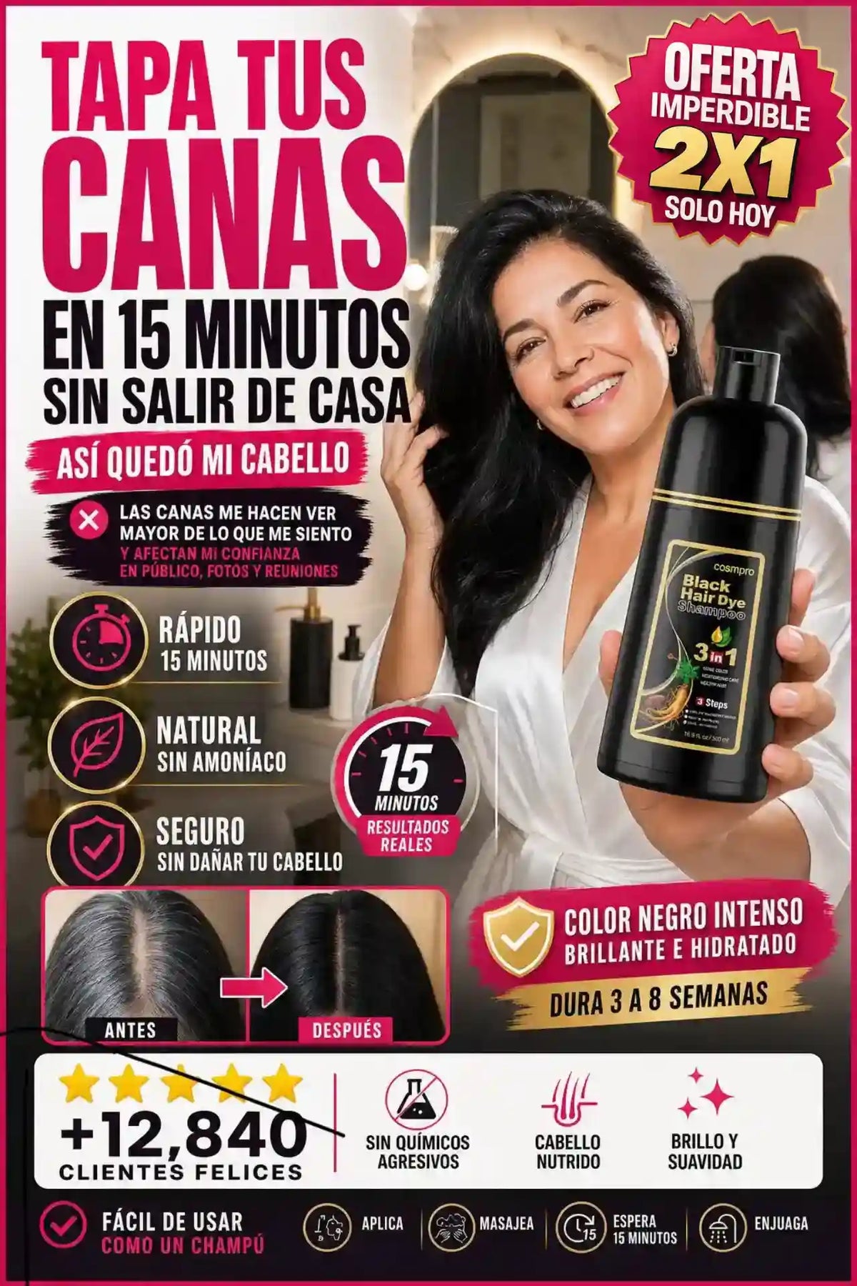🍀 (2X1 SOLO HOY) Hair Dye® Shampoo 3 en 1 - 500 ml