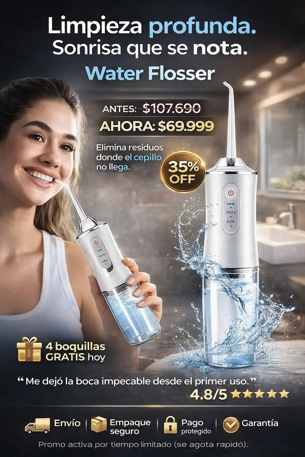 🦷 Water Flosser® Elimina los malos olores de tu boca (4 Boquillas gratis)